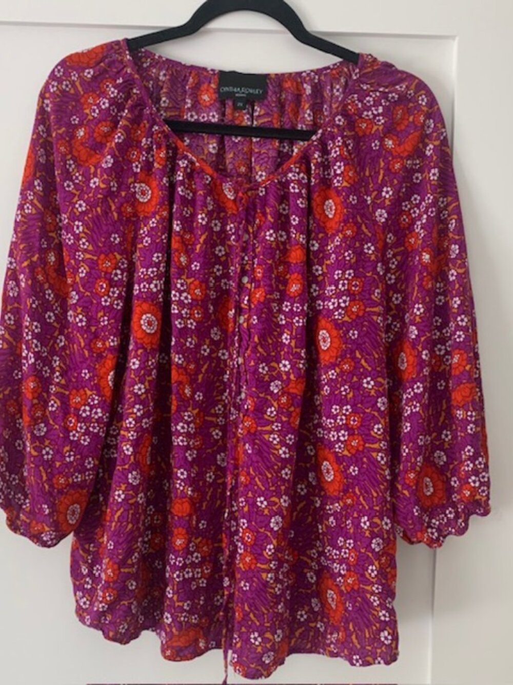 Cynthia Rowley Plus size 2X Purple Floral Blouse Boho‎ Top | 3/4 Puffed Sleeves
